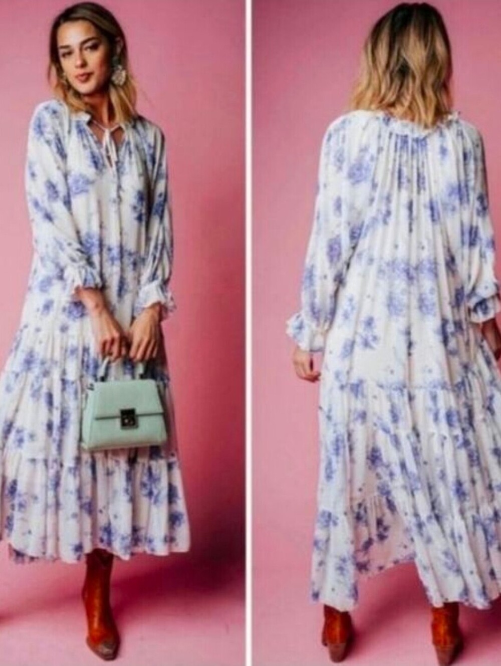 Free People Floral Print Long Sleeve Ruffle Maxi Dress